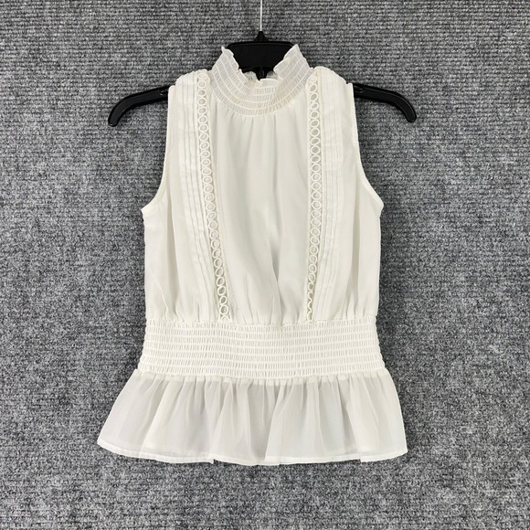 Japna Womens‎ S Lace Peplum Blouse Ivory Sleeveless Smocked Ruffle Feminine Chic - Picture 3 of 8
